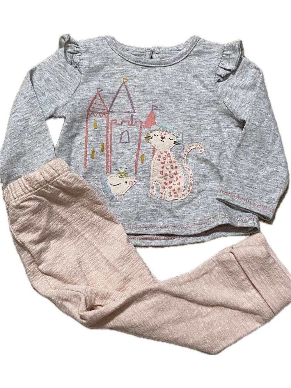 Mud Pie pants set 3-6m NWOT gray pink Castle Queen Princess Mouse Cat embroidery